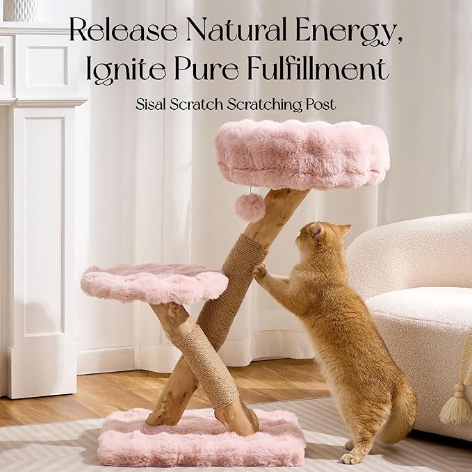 Solid Wood Cat Tree, Modern Cat Tree Tower for Large Indoor Cats, Natural Real Pear Wooden Aesthetic Cat Condo with Scratching Post for Adult Kittens-Pink