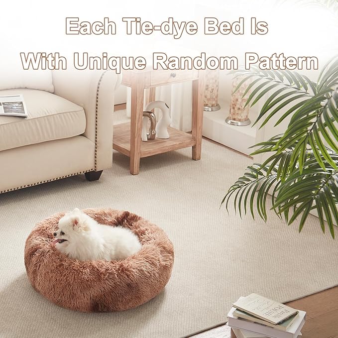 23 inches Donut Dog Bed for Small Dogs - Calming Washable Round Puppy Bed with Removable Cover, Fluffy Plush Pet Bed for Cats & Dogs, Fits up to 25 lbs Pets (Tie-dye Brown,Small)