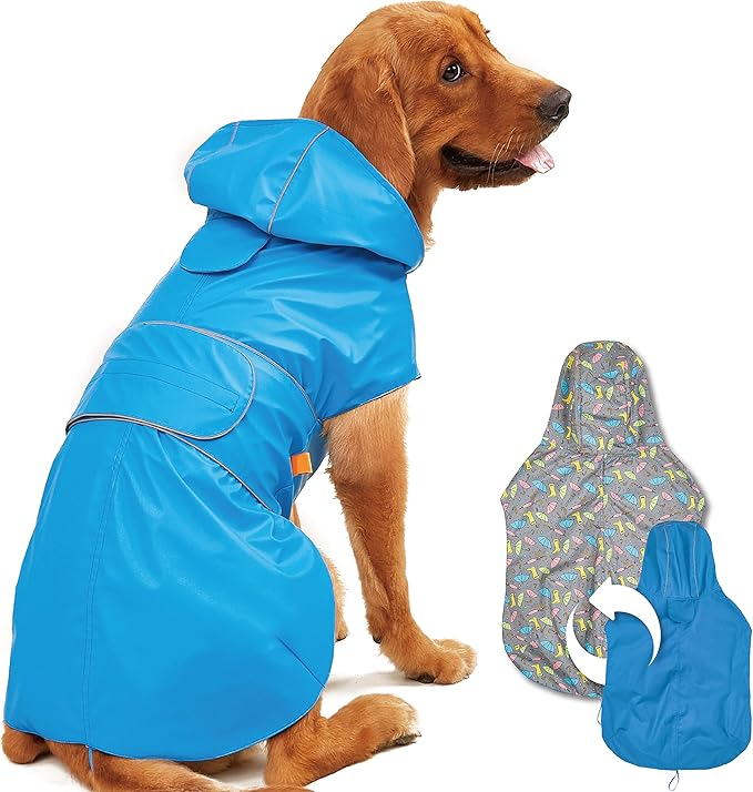 Dog Raincoat Reversible, Single Side Slicker Poncho Adjustable Waterproof Dog Rain Jacket with Leash Hole/Reflective Stripe Hooded Snowproof Windproof Clothes for Small to 3X-Large Dogs, 3XL