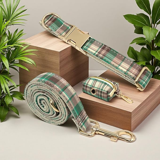 PETDURO Personalized Dog Collar Brown Green Plaid for Large Medium Dogs | Engraved Name and Phone Number on Gold Metal Buckle for Boys & Girls | Add Leash & Bow Tie via Customize Now
