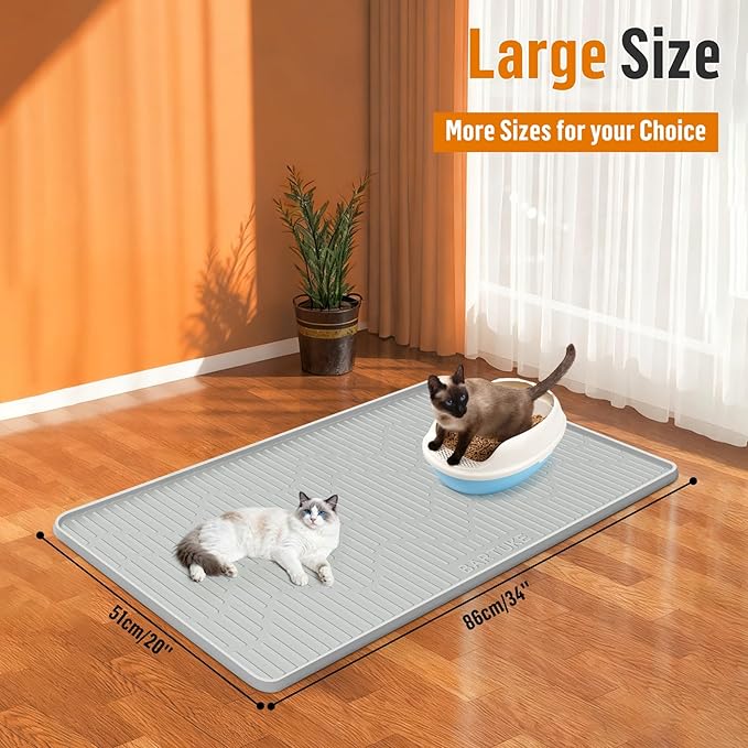 Silicone Cat Litter Mat, 34" x 20" Large Cat Litter Box Mat Litter Trapping Mat for Scatter Control, Waterproof, Soft on Kitty Paws, Clean Floor (Grey)
