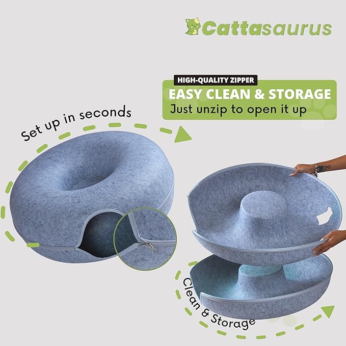 Cattasaurus Peekaboo Cat Cave Donut for Multiple & Large Cats up to 30-45 lbs, 3-in-1 Self Warming Cat Bed, Tunnel & Scratcher for Indoor Cats, Washable & Detachable Small Dog Bed (Light Gray, Jumbo)