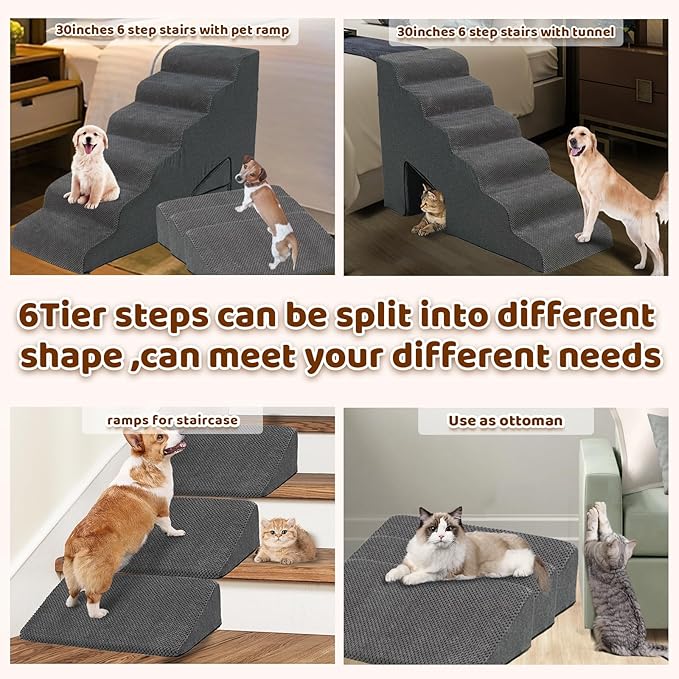 6 Steps Dog Stairs & Steps Ramps for High Beds 30 inches High Tall, LitaiL 6 Step Pet Stairs Steps for Small Large Dogs, Non-Slip Dog Ramps with 3 Pack Ramps for Staircase
