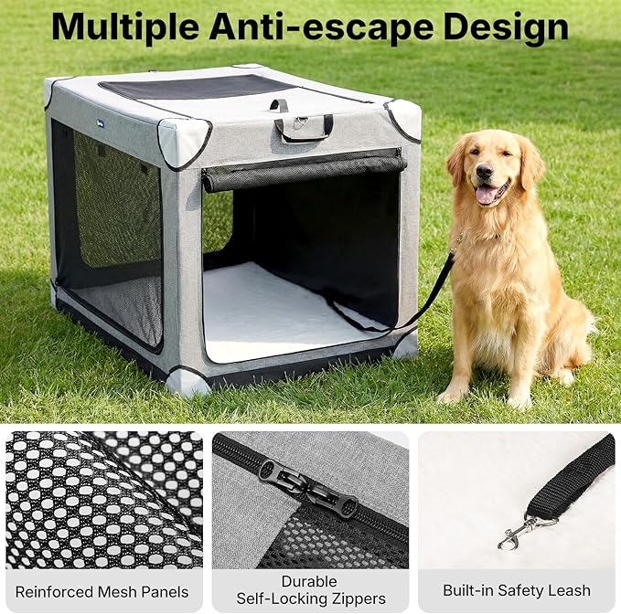 Veehoo Large Dog Crate for Indoor Outdoor, Portable Collapsible Travel Dogs Crate, 36 Inch Soft Foldable Pet Kennel with 4-Door Mesh Windows