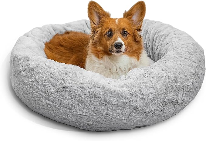 Best Friends by Sheri The Original Calming Donut Dog Bed – Washable Plush Pet Bed for Medium Breeds up to 45 lbs, Lux Faux Fur, Gray, Medium (30" x 30")