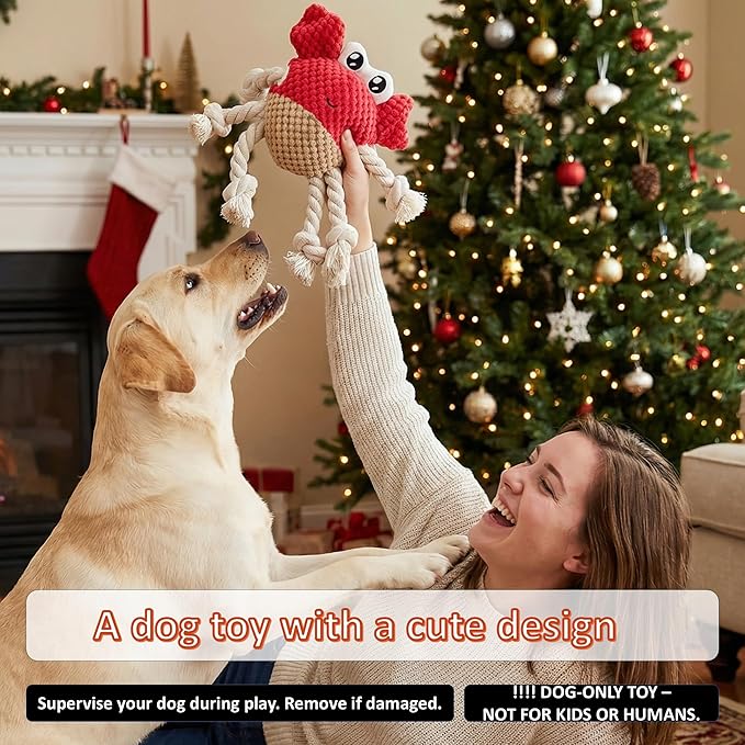 Squeaky Crab Dog Toy with Rope Legs - Durable Chew Toy for Small Dogs | Built-in Whistle & Crinkle Sounds | Teeth Cleaning | Interactive Dog Toys （RED）