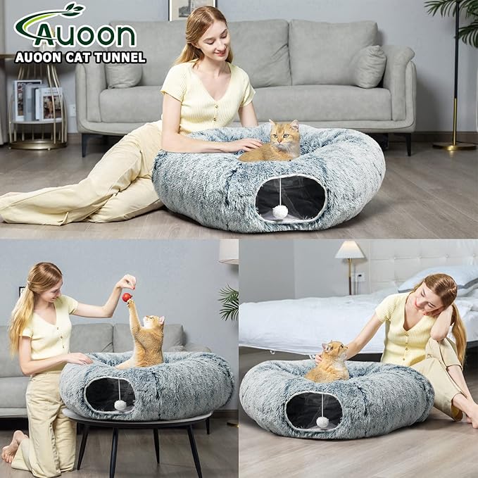 AUOON Cat Tunnel Bed - Christmas Tree Cat Tunnel, Cat Donut Tunnel with Soft Plush Circle Cushion for Indoor Cats Kitten Kitty Puppy Rabbit Ferret (Gray)