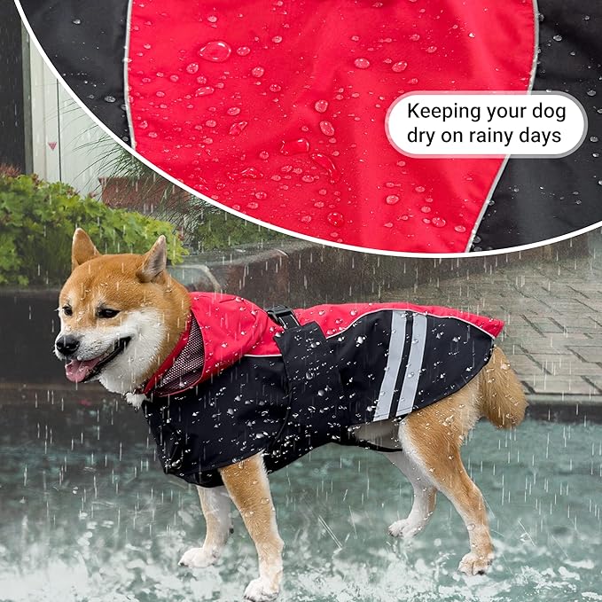 Dog Raincoat for Medium Large Extra Large Dogs, Waterproof Rain Jacket with Reflective Strap, Lightweight Hoodies Full-Body Coverage Dry Clothes (L, Red)