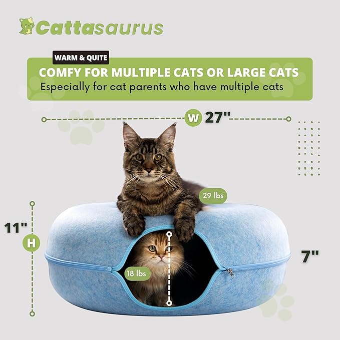 Cattasaurus Peekaboo Cat Cave Donut for Multiple & Large Cats up to 30-45 lbs, 3-in-1 Self Warming Cat Bed, Tunnel & Scratcher for Indoor Cats, Washable & Detachable Small Dog Bed (Blue, Jumbo)