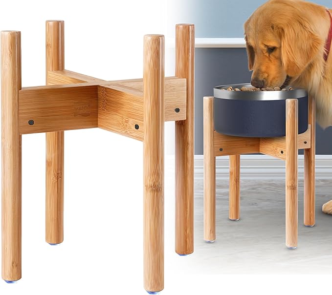 Dog Bowl Stand for Large Dogs (See Size Guide) - Use to Elevate, Raise Dog Food and Water, Deter Ants/Bugs - Expandable Sideways, Fits Various Sizes of Slow Feeders, Dishes/Fountains - Bamboo