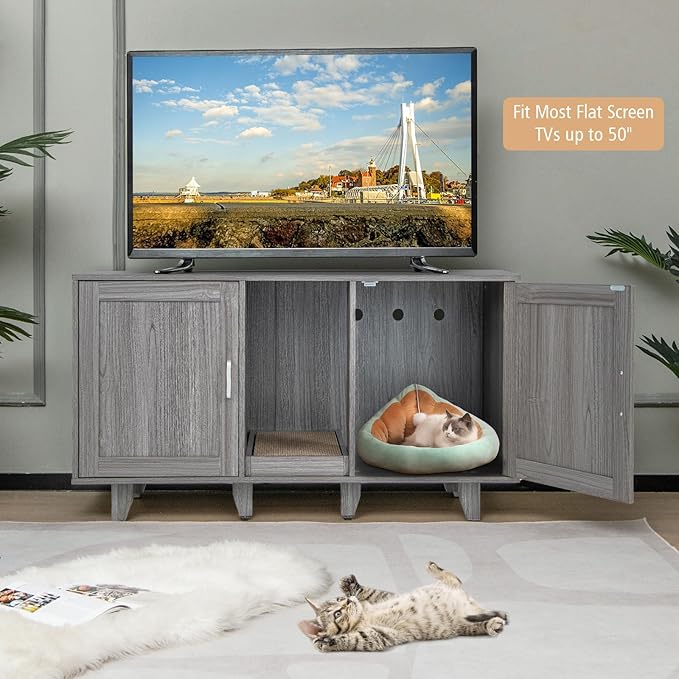 Tangkula Double Cat Litter Box Enclosure for 2 Cats, Large Stackable Hidden Privacy Cat Washroom Cabinet with Scratching Board, Indoor Cat House TV Stand, Litter Box Furniture (Grey Oak)