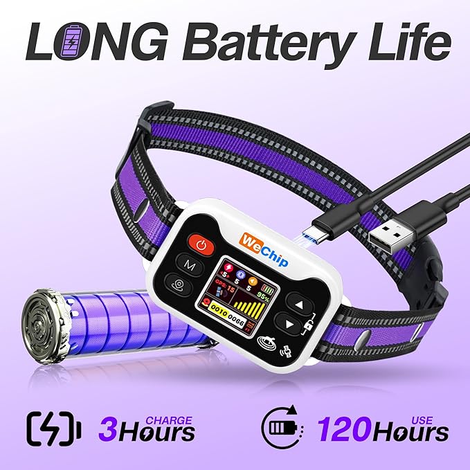 WeChip Wireless GPS Dog Fence Collar - 3 Alerts (0-9 Levels), 66-6560FT Radius, 122H Rechargeable Battery.Waterproof Shock Collar for Lawns, Farms & Walks. (Purple)