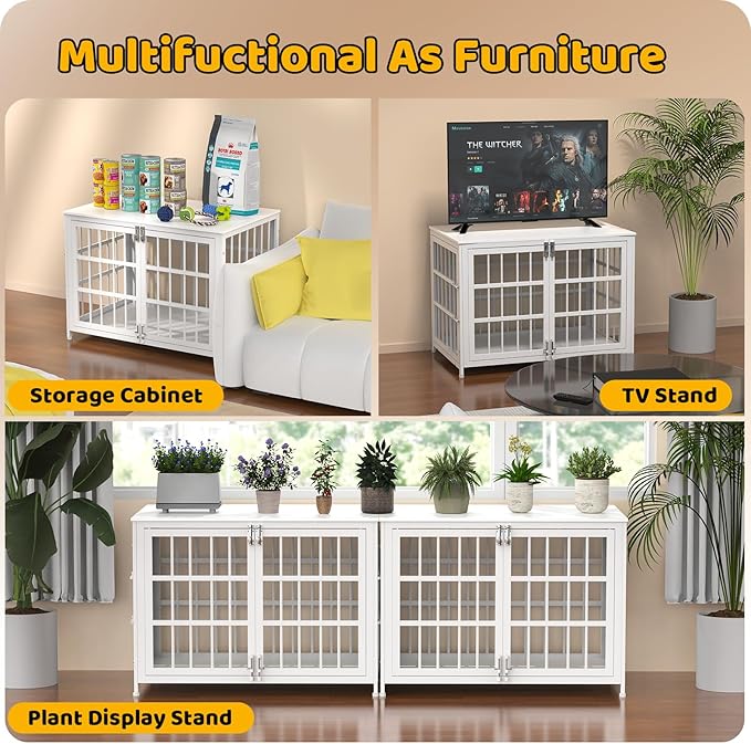 Heave Duty Dog Crate Furniture, Various Sizes & Colors Optional, Indestructible Cage for High Anxiety Dogs with Wooden Table for Indoor Decorative, Escape-Proof Locks & Double Door for Large Dogs