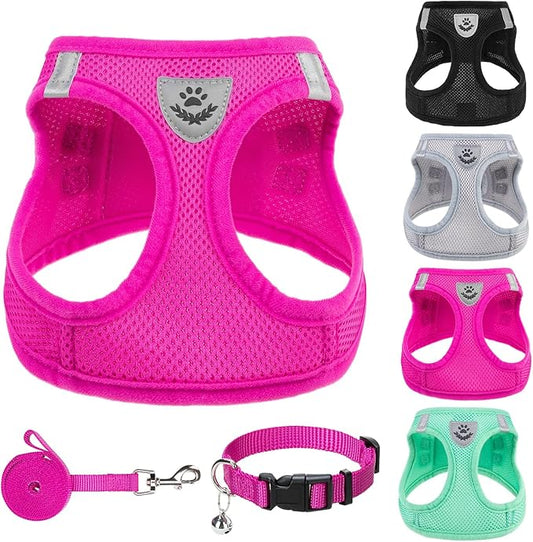 PUPTECK Adjustable Dog Harness Collar and Leash Set Step in No Pull Pet Harness for Small Medium Dogs Puppy and Cats Outdoor Walking Running, Soft Mesh Padded Reflective Vest Harnesses, Solid Pink XXS