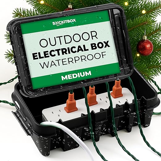SockitBox – The Original Weatherproof Connection Box – Indoor & Outdoor Electrical Power Cord Enclosure for Timers, Extension Cables, Transformers, Power Strips, Lights, Tools & More – Medium – Black