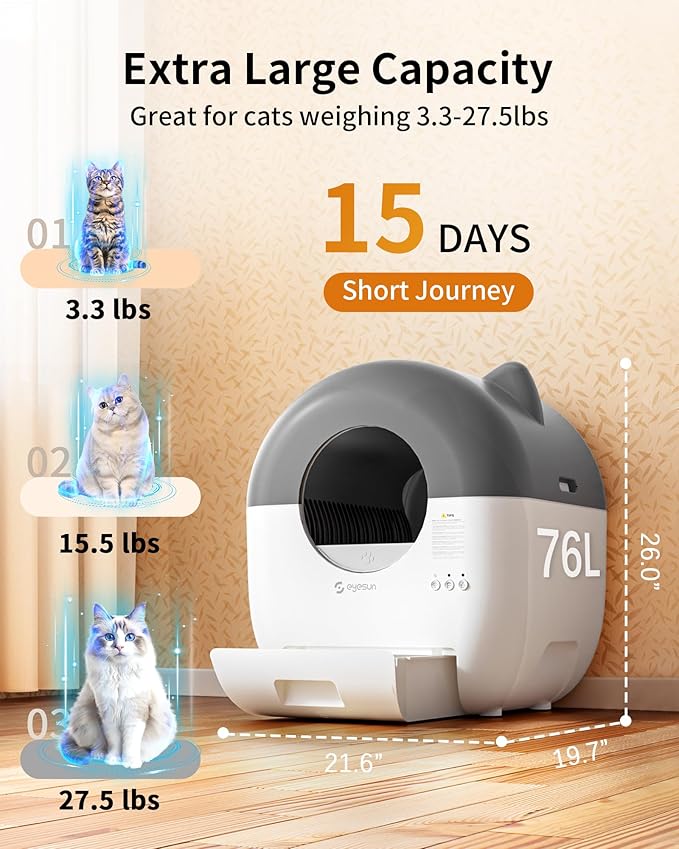 Self Cleaning Litter Box,76L Automatic Cat Litter Box Self Cleaning with APP Control,Low Noise,Safety Protection,Roll Garbage Bags,Deodorizer and Cleaning Brush for Multiple Cats,Xmas