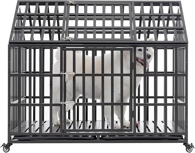 52/48/44 Inch Heavy Duty Dog Crate Indestructible and Escape-Proof Dog Cage Kennel for Large Medium Dogs Extra Large XL XXL with Lockable Wheels Removable Tray Double Door Black