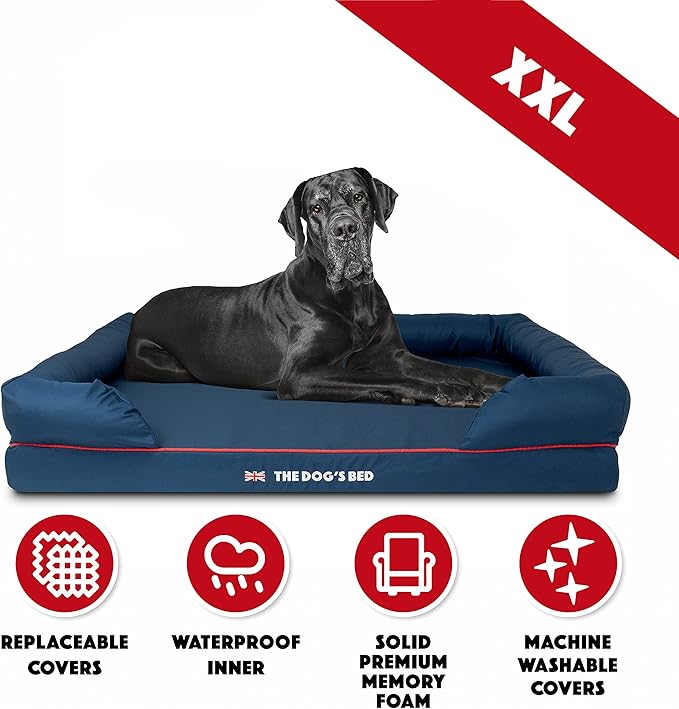 The Dog’s Bed Orthopedic Dog Bed XXL Blue Oxford with Red Trim UK Flag Dog Bed, Memory Foam, Pain Relief: Arthritis, Post Surgery, Lameness, Waterproof Washable Cover, Veterinary Approved