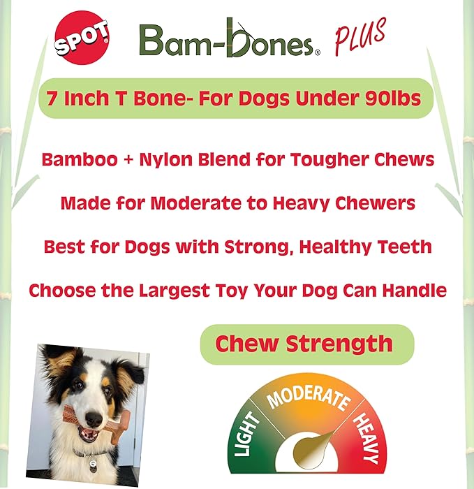 SPOT Bam-Bones Plus T Bone - Bamboo Fiber & Nylon, Durable Long Lasting Dog Chew for Aggressive Chewers – Toy for Dogs & Puppies Under 90lbs, Non-Splintering, 7in, Allergen Free Peanut Butter Flavor