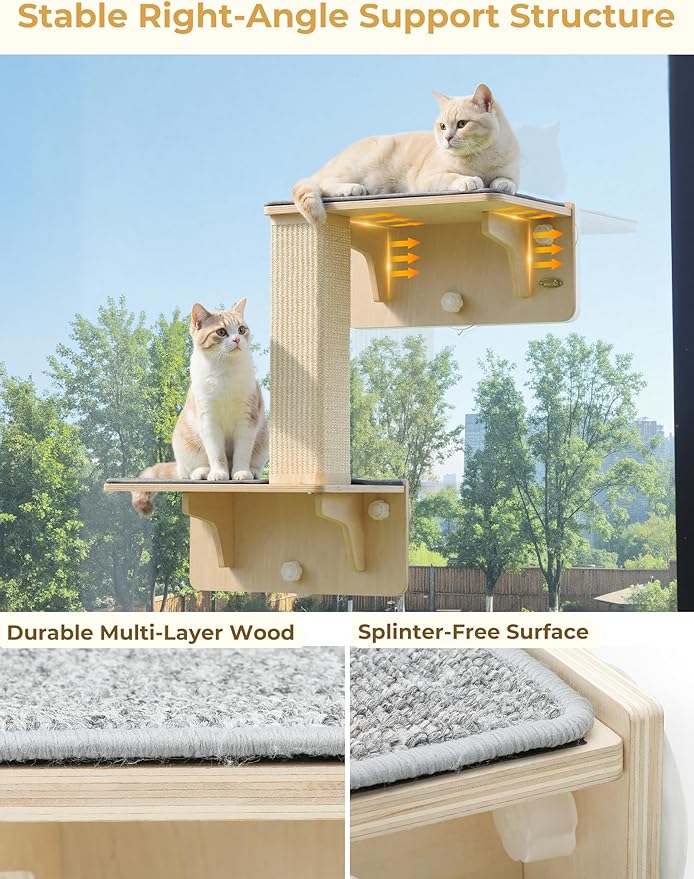 Pecute Double Cat Shelves with Scratching Post for Wall and Window with Solid Wood, Strong Suction Cup, Washable Cover Mat, Cats Perch Bed for Birds Watching Inside Indoor Cat Hammock Bed