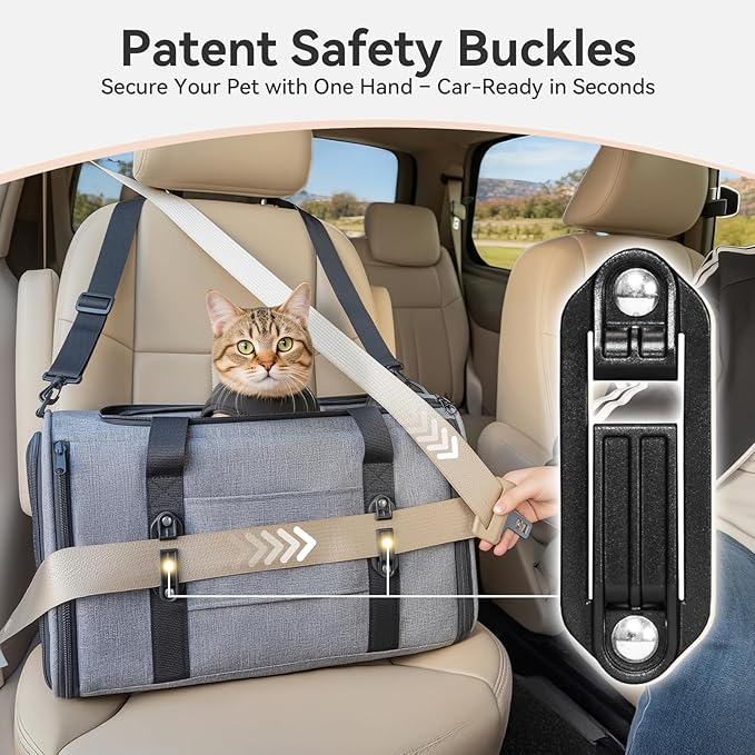PETSFIT Cat Car Carrier for Small/Medium Cats Dogs, 18"x11"x11" Airline Approved Cat Carrier, with Patent Safety Buckles and Escape-Proof Zipper - Safeguarding Car Travel, Airplane, Vet, Outdoor