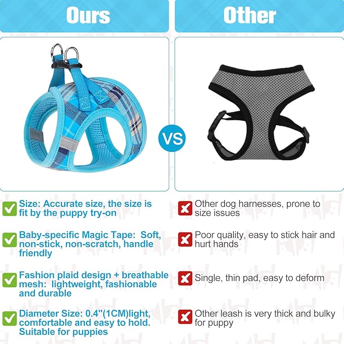 BEAUTYZOO Small Dog Harness and Leash Set,Step in No Choke No Pull Soft Mesh Dog Harnesses Reflective for Extra-Small/Small Medium Puppy Dogs and Cats, Plaid Dog Vest Harness for XS S Pets, Blue L