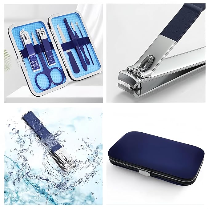 7pcs Manicure Set, Nail Clippers Kit, Stainless Steel Manicure Kit, Nail Clipping Tools Portable Travel Grooming Kit, The Best Gift with Luxurious Case (Blue)