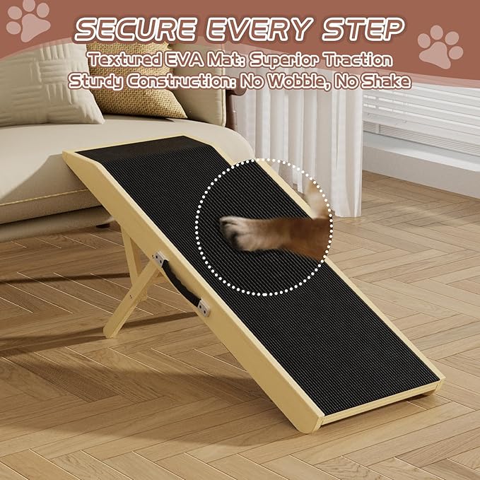 Dog Ramp for Couch, Dog Bed Ramp for Small Dogs, 4-Level Adjustable (8.6"-20.9") Foldable Pet Ramp, Wide Non-Slip EVA Surface with Glow Strips, Solid Birchwood 200Lbs