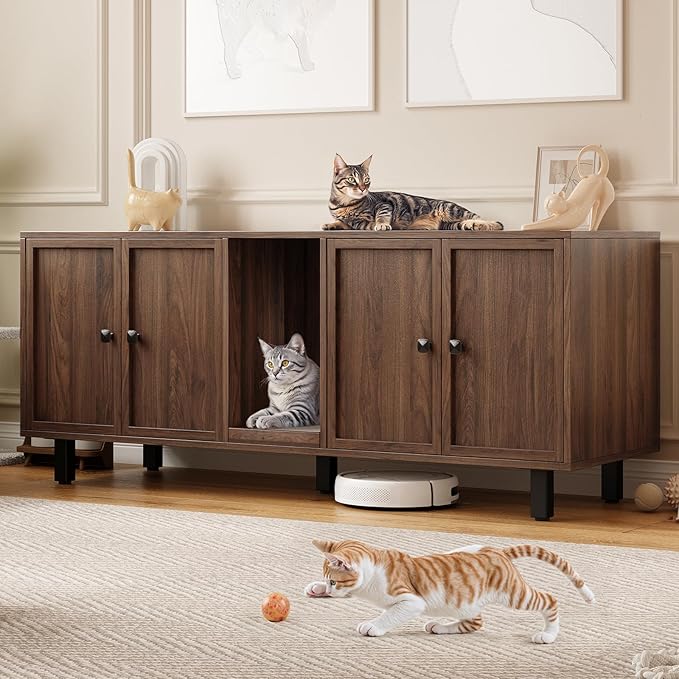 59 Inches Cat Litter Box Enclosure for 2 Cats, Hidden Litter Boxes Furniture with Cat Scratch Pad, Large Indoor Pet House with Double Room, Wooden TV Stand Side Table, Walnut