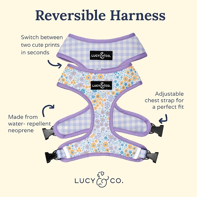 Lucy & Co. Cute Reversible Dog Harness Walking Halter - Best Designer Pet Harnesses for XS - XL Dogs - Padded Adjustable Vest for Easy Walking (Large, Among The Wildflowers - Purple Floral)