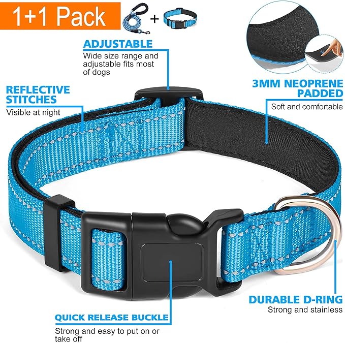Reflective Dog Collar Padded with Soft Neoprene Breathable Adjustable Nylon Dog Collars for Small Medium Large Dogs (X-Small (Pack of 1), Vivid Blue Collar+Leash)