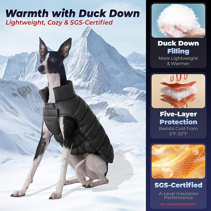 SPACE LION Dog Puffer Jacket, Down Winter Coat, Durable Outdoor Coat for Cold and Windy Conditions, Lightweight & Adjustable Fit Coats for Medium & Large Dogs,(Black, Size16/XL)