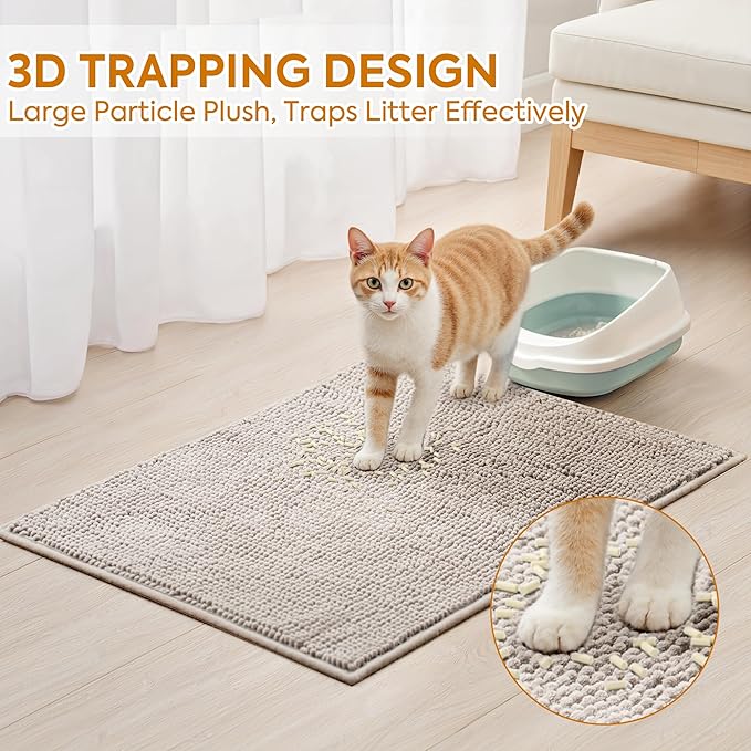 Pieviev Chenille Cat Litter Mat for Litter Box, 48"x36" Soft Ultra Absorbent Mat, Waterproof & Non-Slip, Easy to Clean Litter Trapping Mat for Indoor Cats, Gray