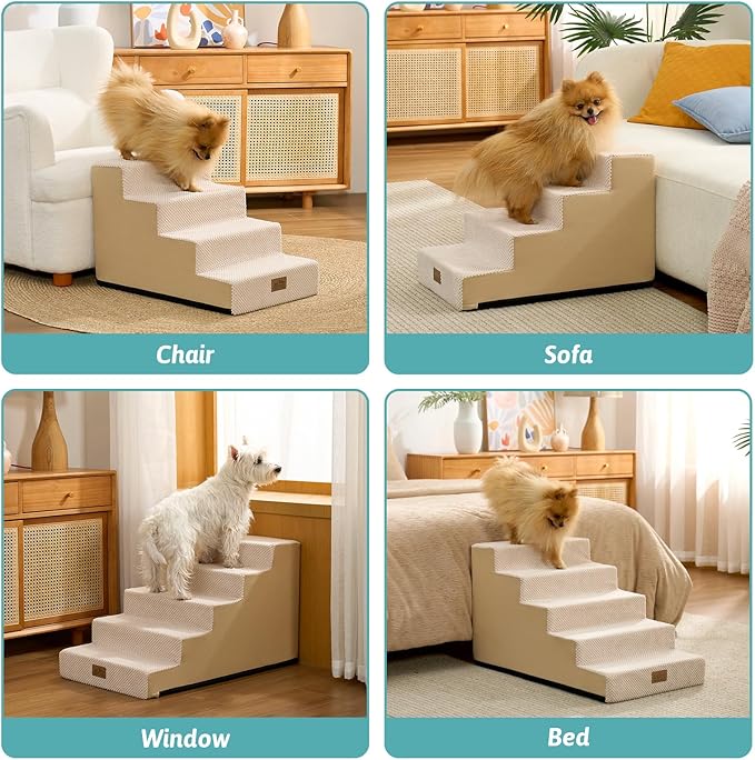 Dog Stairs for Small Dogs 17.7" H, 5-Step Gentle Incline Pet Step for Couch and Beds, Right-Angle Dog Ramp for Puppy Doggie Senior Cats, 17.7x29.5x17.7 Inch, Beige