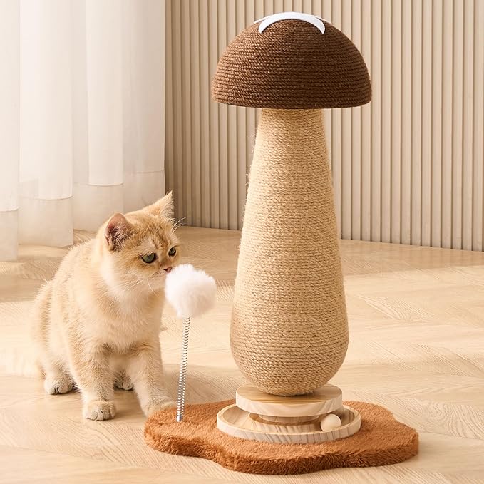 Mushroom Cat Scratching Post Cat Tree, 21.5‘’ H Cute Cat Scratcher Tower with Durable Solid Wood Turntable Toy, Acorn Brown Mushroom Scratch Post Cat Sisal Scratcher with Catnip for Indoor Cats