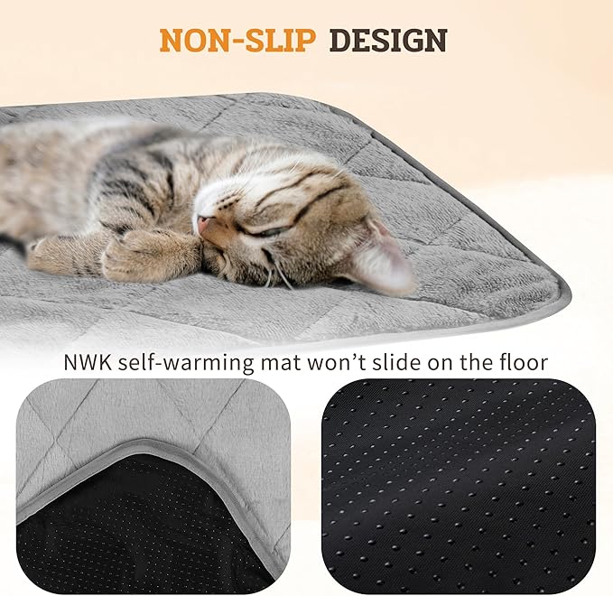 NWK Fluffy Self Warming Cat Mat, Cat Blanket, Thermal Dog Mat, Washable, Non-Slip Bottom for Sofa & Crate & Kennel & Car Seat (Misty Gray, Large (35'' X 23'' X 0.4''))