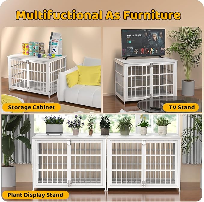 Heave Duty Dog Crate Furniture, Various Sizes & Colors Optional, Indestructible Cage for High Anxiety Dogs with Wooden Table for Indoor Decorative, Escape-Proof Locks & Double Door for Large XL Dogs