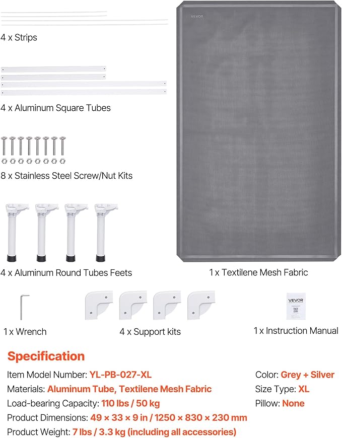 VEVOR Chew Proof Elevated Dog Bed, Portable Raised Dog Cot with Aluminum Tube Metal Frame and Breathable Textilene Mesh, Indoor & Outdoor Pet Cooling Raised Hammock Bed, XL, Gray