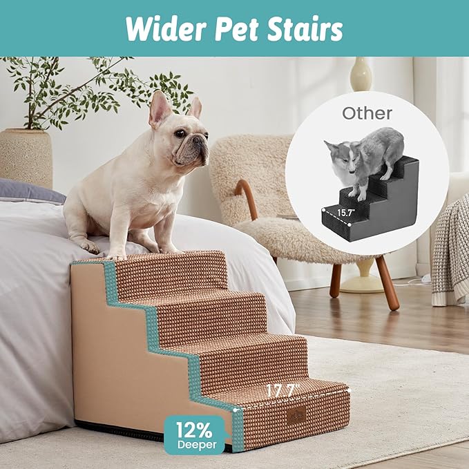 Dog Stairs for Small Dogs, 17.7" Extra Wide Right-Angle Pet Stairs for Couch and Beds, Anti-Slip Dog Steps for Old Cats and Lowrider, 17.7x23.6x17.7 inch, Light Brown