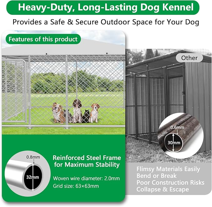 20x10 FT Outdoor Dog Kennel, Heavy Duty Large Outside Dog Enclosure with UV-Resistant Waterproof Sun-Proof Cover, Double Security Locks for Backyard Farm Ranch