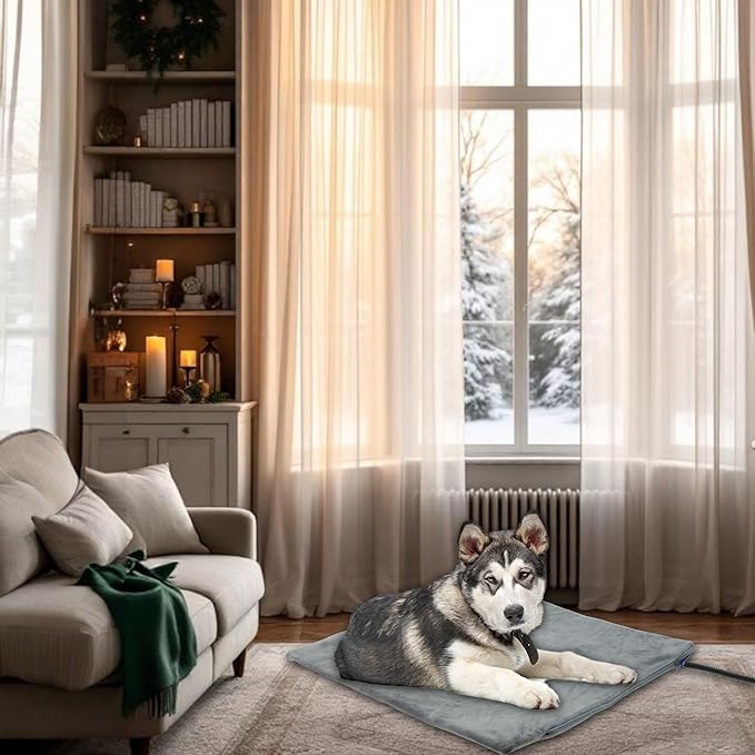 Pet Heating Pad, 9 Temperature Adjustable Electric Pet Mat with Timer, Indoor Waterproof Heated Dog Bed with Chew Proof Cord, Grey, 18x18in