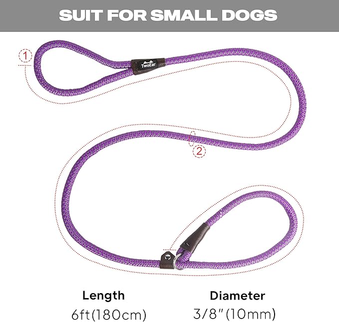 TwoEar Dog Slip Rope Leash - 6FT Heavy Duty Training Leash with Reflective Threads for Small to Large Dogs (Slim(3/8''x6ft), Purple)