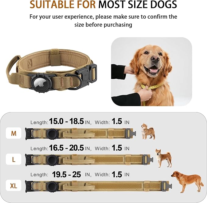 Tactical AirTag Dog Collar - Heavy Duty, Adjustable GPS Collar Compatible with Apple AirTag, with Holder & Control Handle for Medium/Large Dogs [ Brown, L ]