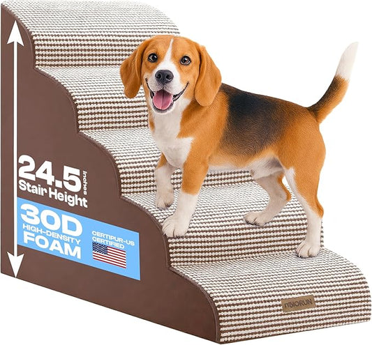 Curved Dog Stairs for High Bed Up to 26", 5-Step Dog Ramp for Small Dogs with Washable Cover, Non-Slip Steps for Cats to Get on Couch and Sofa, Durable Foam Ladder for Medium Breeds, White Coffee