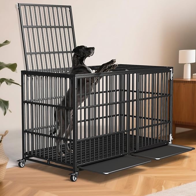 64" Heavy Duty Dog Crate Indestructible Dog Pet Kennel Cage for Extra Large Giant Breeds Double Doors Locakable Wheels High Anxiety Escape Proof Pet Dog Playpen