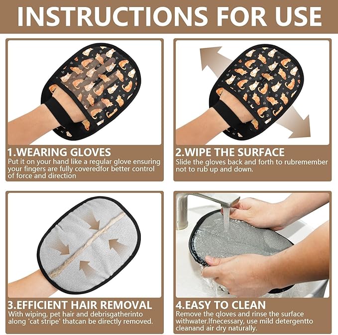 Pet Grooming Gloves Reusable Dog & Cat Hair Remover for Furniture, Car Interiors Multi-Surface Deshedding Tool for Carpets, Bedding & Home Cleaning