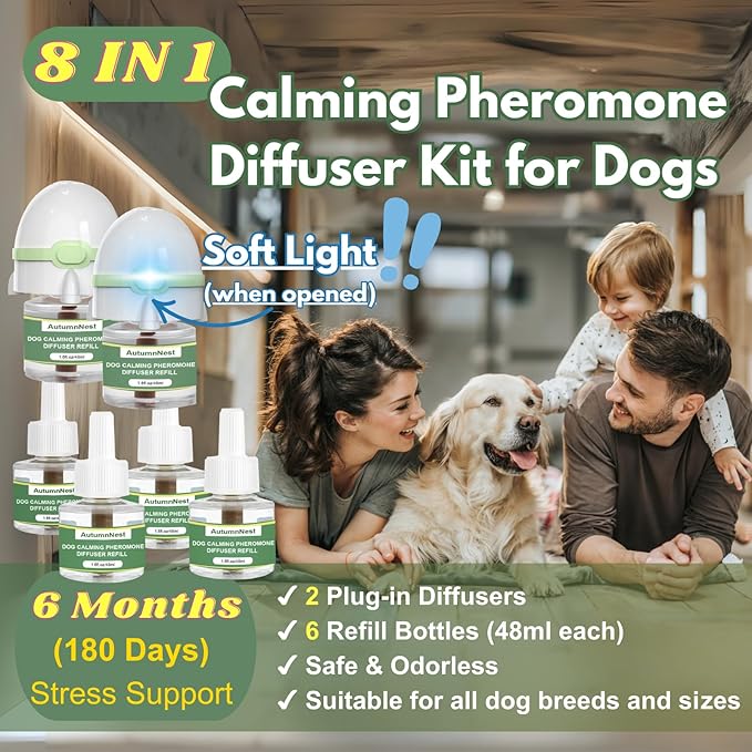 8-in-1 Dog Calming Pheromone Diffuser Kit – Pet Stress Support (2 Plug-Ins & 6x48ml Refills), Calming Diffuser for Dog During Thunderstorms, Travel, Separation, Fireworks & Vet Visits, 180-Day Supply