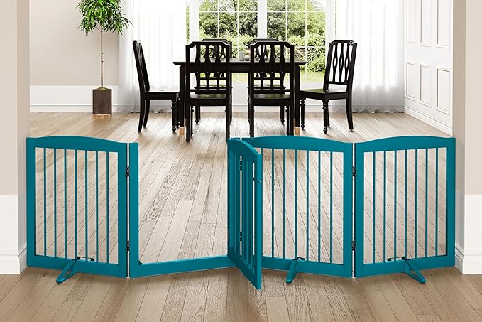 Freestanding Dog Gate with Door, Pet Gate for Stairs, 80 inch Wide Pet Barrier Indoor, Dog Fences Indoor, Support Feet Included, 4 Panels, 24" Tall, Blue