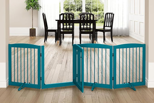 Freestanding Dog Gate with Door, Pet Gate for Stairs, 80 inch Wide Pet Barrier Indoor, Dog Fences Indoor, Support Feet Included, 4 Panels, 24" Tall, Blue