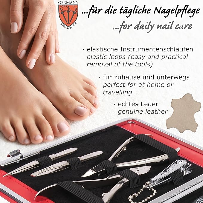 3 Swords Germany - brand quality 11 piece manicure pedicure grooming kit set for professional finger & toe nail care scissors clipper red genuine leather case in gift box, Made in Germany